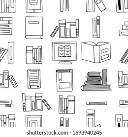 Vector seamless pattern. Doodle. Many black outlines icons of books isolated scattered on white background.  Pile of paper books, open book, book on computer screen, glasses, heart, lamp.
