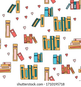 Vector seamless pattern. Doodle. Many black outlines icons of books isolated scattered on white background.  Pile of paper books, open book, book on computer screen, ebooks, glasses, heart, lamp.

