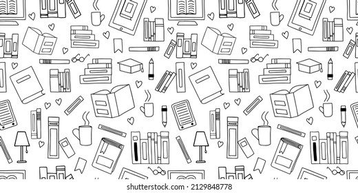 Vector seamless pattern. Doodle Many icons of books scattered Background for education elearning school concept. Pile of paper books, open book, book on computer screen, ebooks, glasses, heart, lamp
