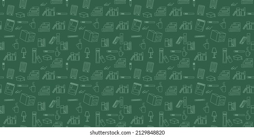 Vector seamless pattern. Doodle Many icons of books scattered Background for education elearning school concept. Pile of paper books, open book, book on computer screen, ebooks, glasses, heart, lamp
