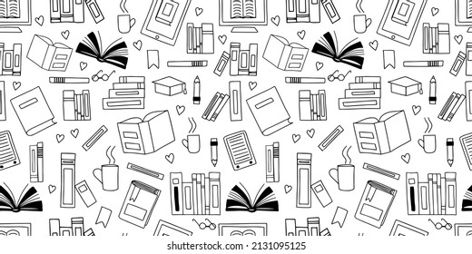 Vector seamless pattern. Doodle Many icons of books scattered Background for education elearning school concept. Pile of paper books, open book, book on computer screen, ebooks, glasses, heart, lamp
