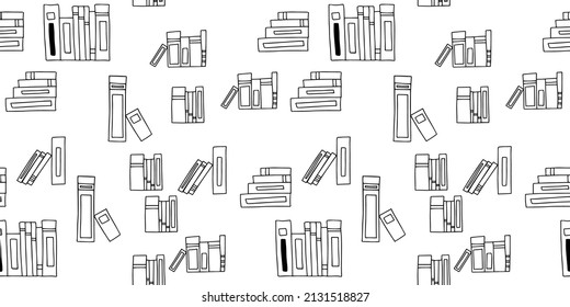 Vector seamless pattern. Doodle Many icons of books scattered Background for education elearning school concept. Pile of paper books, open book, book on computer screen, ebooks, glasses, heart, lamp
