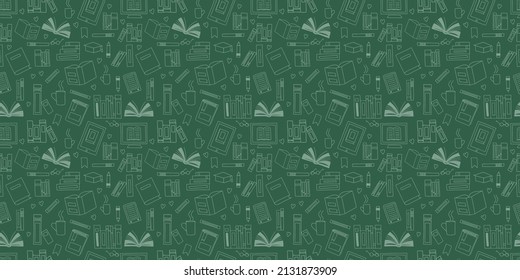 Vector seamless pattern. Doodle Many icons of books scattered Background for education elearning school concept. Pile of paper books, open book, book on computer screen, ebooks, glasses, heart, lamp
