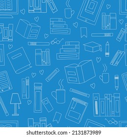Vector seamless pattern. Doodle Many icons of books scattered Background for education elearning school concept. Pile of paper books, open book, book on computer screen, ebooks, glasses, heart, lamp

