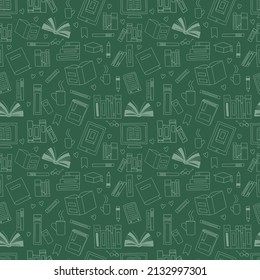 Vector seamless pattern. Doodle Many icons of books scattered Background for education elearning school concept. Pile of paper books, open book, book on computer screen, ebooks, glasses, heart, lamp
