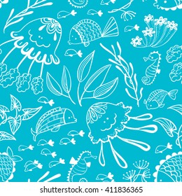 Vector seamless pattern with doodle marine underwater life. Background with cute fish, jellyfish and seahorse in cartoon style