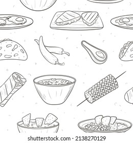 Vector seamless pattern with doodle mexican spicy food.