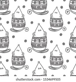 Vector seamless pattern with doodle mouse. Illustration for coloring. Cute winter pbackground.