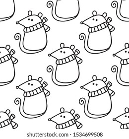 Vector seamless pattern with doodle mouse. Illustration for coloring. Cute winter pbackground.