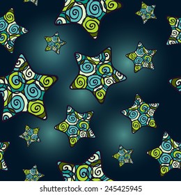 Vector seamless pattern with doodle multicolored stars in dark night sky or deep in the ocean or sea. Stars decorated with swirling spiral ornaments on a dark green background