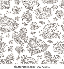 Vector Seamless pattern of doodle ornamental Seashells