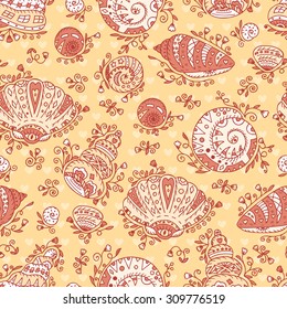 Vector Seamless pattern of doodle ornamental Seashells