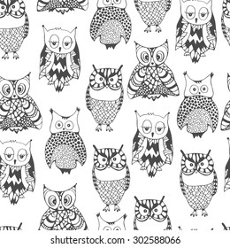 Vector seamless pattern with doodle owls. Hipsters monochrome print. Stylish graphic design.