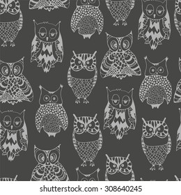 Vector seamless pattern with doodle owls. Hipsters monochrome print. Stylish graphic design.