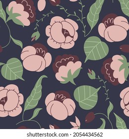 Vector seamless pattern with doodle peonies on blue background