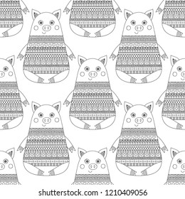 Vector seamless pattern with doodle pigs. Anti stress coloring page for children and adults. Cartoon piglet in sweater with ornament.