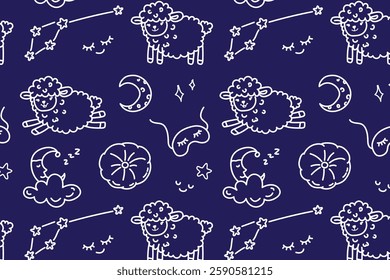 Vector seamless pattern doodle with pillow, sheep, moon, sleep mask and stars on dark blue background