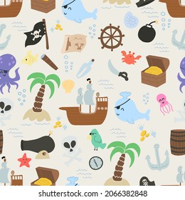Vector seamless pattern with doodle pirate and nautical elements. Cute doodle pirate bundle, ship, whale, island, octopus, chest. Marine kids theme for fabric, textile, packaging

