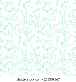 vector seamless pattern with doodle rabbits and carrot on white background
