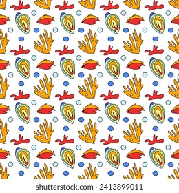 Vector seamless pattern doodle rainbow underwater life  with fish, seashell, seaweed. Fairy tale background.  Texture for wrapping paper, fabrics, decor, banners, cover.