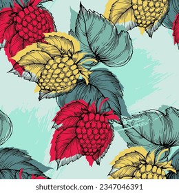 Vector seamless pattern. Doodle raspberries and blackberries with abstract elements. Hand drawn illustrations.