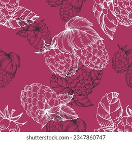 Vector seamless pattern. Doodle raspberries and blackberries with abstract elements. Hand drawn illustrations.