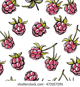 Vector seamless pattern with doodle raspberries. Bright green and pink hand drawn elements on white backdrop. Cute fruity background for print, fabric, wallpaper, wrapping paper or other design.