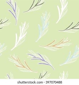 Vector seamless pattern with doodle rosemary. White outline with colorful elements on green background. 