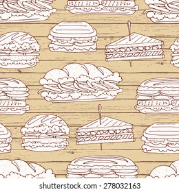 Vector seamless pattern with doodle sandwich, hamburger and burger on 