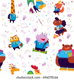 Vector seamless pattern with doodle school elements, animal students - lady cat, hippo, owl, rooster, bear, giraffe and squirrel isolated on white background. Line art. Back to school packaging design