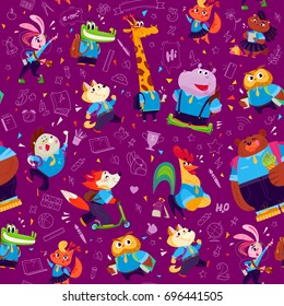 Vector seamless pattern with doodle school object icons and funny cartoon animal students isolated on purple background. Line art. Good for banner, packaging paper design. 