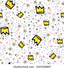 Vector Seamless Pattern with Doodle Scribble crown. Backdrop for Boys Girls textiles wrapping paper children clothes dream background. Bright Images