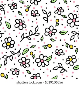 Vector Seamless Pattern Doodle Scribble messy flowers with polka dots. Backdrop for Boys Girls textiles wrapping paper. Ink summers background in yellow and pink. Bright Images