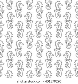 Vector seamless pattern with doodle seahorse. Hand drawn sea background. Black and white. Coloring page for children and adult.