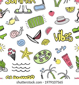 Vector seamless pattern with doodle set. Hand drawn illustration with trendy style on white background for print, wallpaper, childish design and other