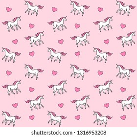 Vector seamless pattern of doodle sketch hand drawn white unicorn with hearts isolated on pink background 