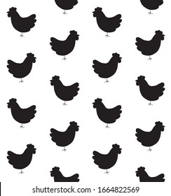 Vector seamless pattern of doodle sketch chicken  silhouette isolated on white background