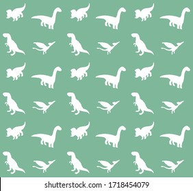 Vector seamless pattern of doodle sketch different white dinosaur silhouette isolated on green background