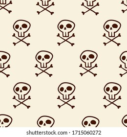 Vector Seamless Pattern of Doodle Skulls on Beige Background