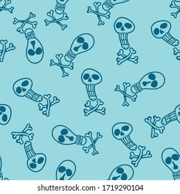 Vector Seamless Pattern of Doodle Skulls on Turquoise Background