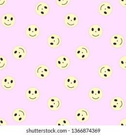 Vector - Seamless pattern with doodle smile face isolated on pink background. Can be use for paper print, wrapping, web, fabric or web.