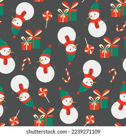 Vector seamless pattern of doodle snowmen. Colorful snowmen on dark background. Candy canes, gift boxes, Christmas symbols concept