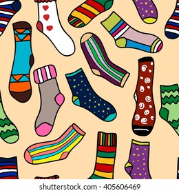 Vector seamless pattern of doodle socks for web design, prints etc. Repeating background can be copied without any seams. Invitation, postcard, banner. Vector illustration