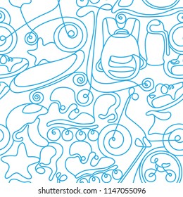 Vector seamless pattern. Doodle sports sketch Line art set Cartoon style Modern hand draw illustration on white background Scooter, skate, bike Summer holiday element Kids dynamic life, good health

