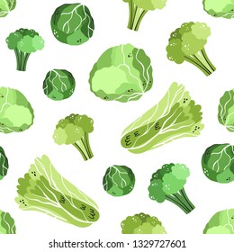 Vector seamless pattern in Doodle style. Beijing cabbage, broccoli, brussels sprout, white cabbage. Vegetable background. eps 10