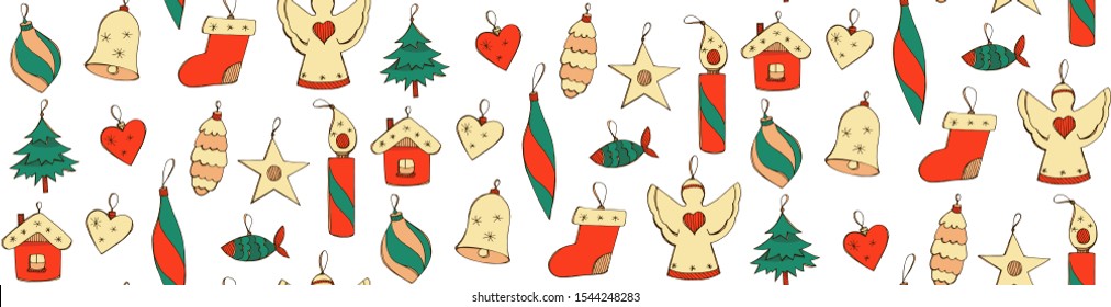 Vector seamless pattern in doodle style with hand drawn Christmas decorations isolated on white. Positive endless texture in red and green colors. Winter holiday design.