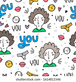 Vector seamless pattern in Doodle style for your design. Valentine's day. Lettering with kisses, emoticons, panties
