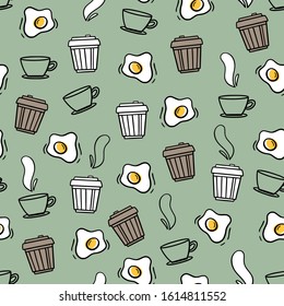 Vector seamless pattern in Doodle style for your design. Valentine's day. Romantic Breakfast: coffee and scrambled eggs