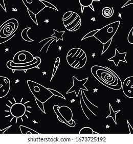 vector seamless pattern, doodle style drawing, space on a black background, like chalk on a blackboard