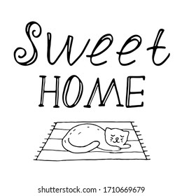 Vector seamless pattern in doodle style, recommendation to stay home, cute cat sleeps on the rug of the house, coloring book